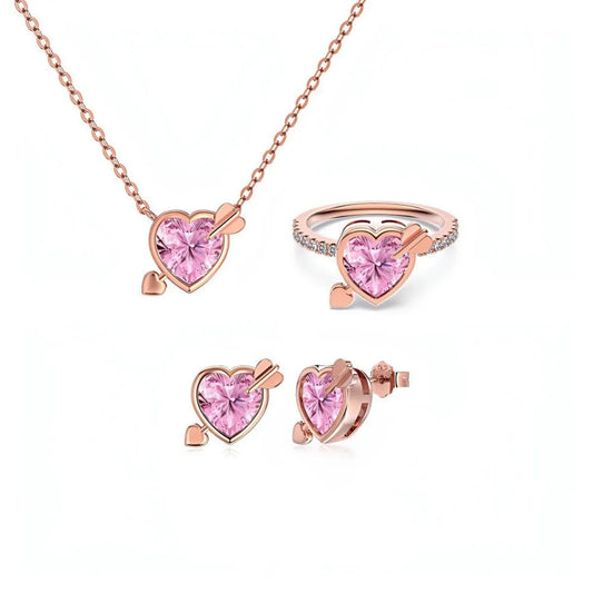 S925 Sterling Silver Pink Heart Jewelry Set Rose Gold Tone Necklace Ring Earrings