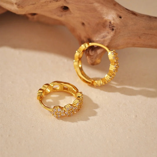 S925 Sterling Silver Pave CZ Hoop Earrings Gold Tone Small Hoop