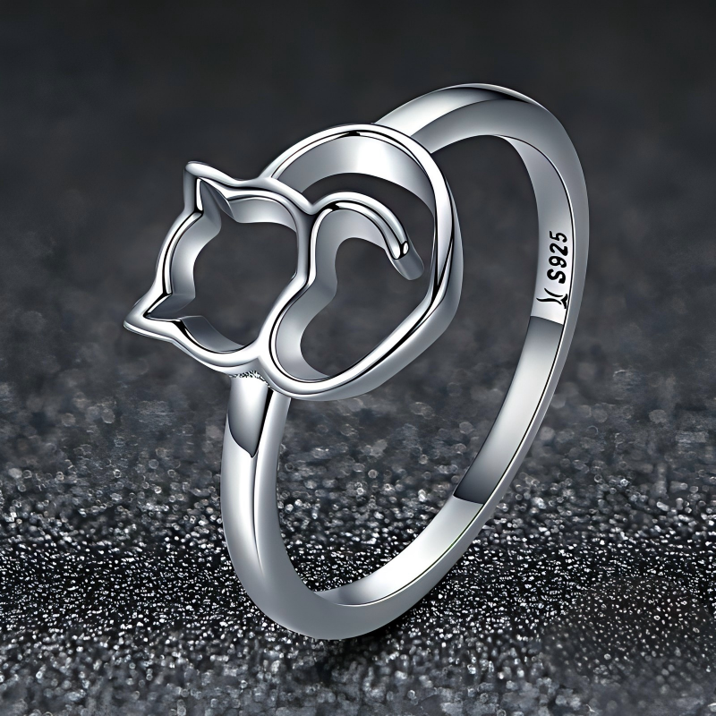 S925 Sterling Silver Cat Heart Ring Openwork Minimalist Design