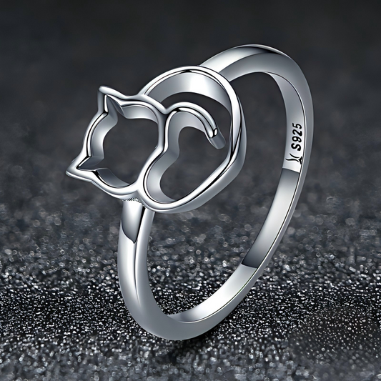 S925 Sterling Silver Cat Heart Ring Openwork Minimalist Design