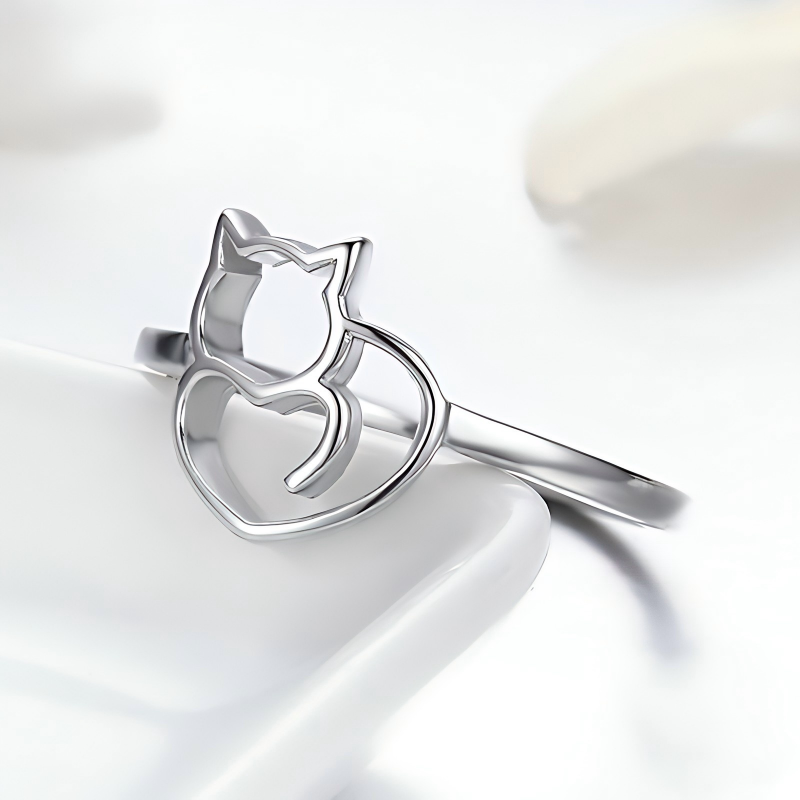 S925 Sterling Silver Cat Heart Ring Openwork Minimalist Design