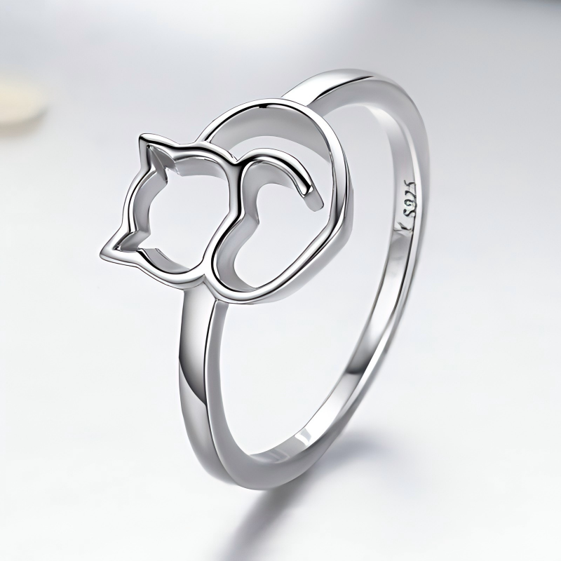 S925 Sterling Silver Cat Heart Ring Openwork Minimalist Design