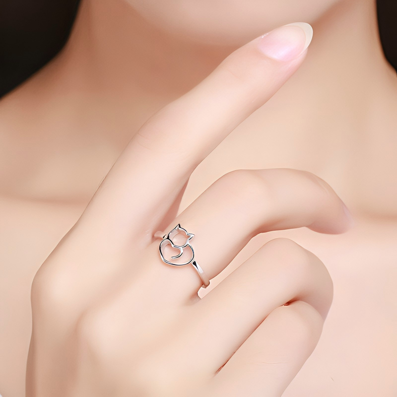 S925 Sterling Silver Cat Heart Ring Openwork Minimalist Design