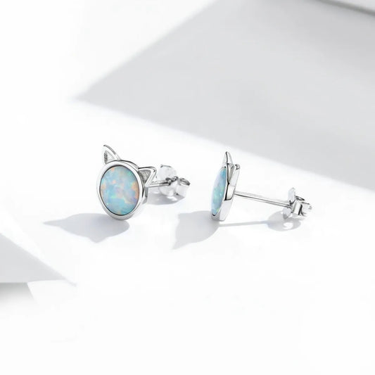 S925 Sterling Silver Cat Ear Opal Stud Earrings White Gold Plated