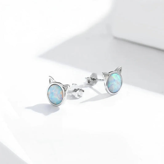 S925 Sterling Silver Cat Ear Opal Stud Earrings White Gold Plated