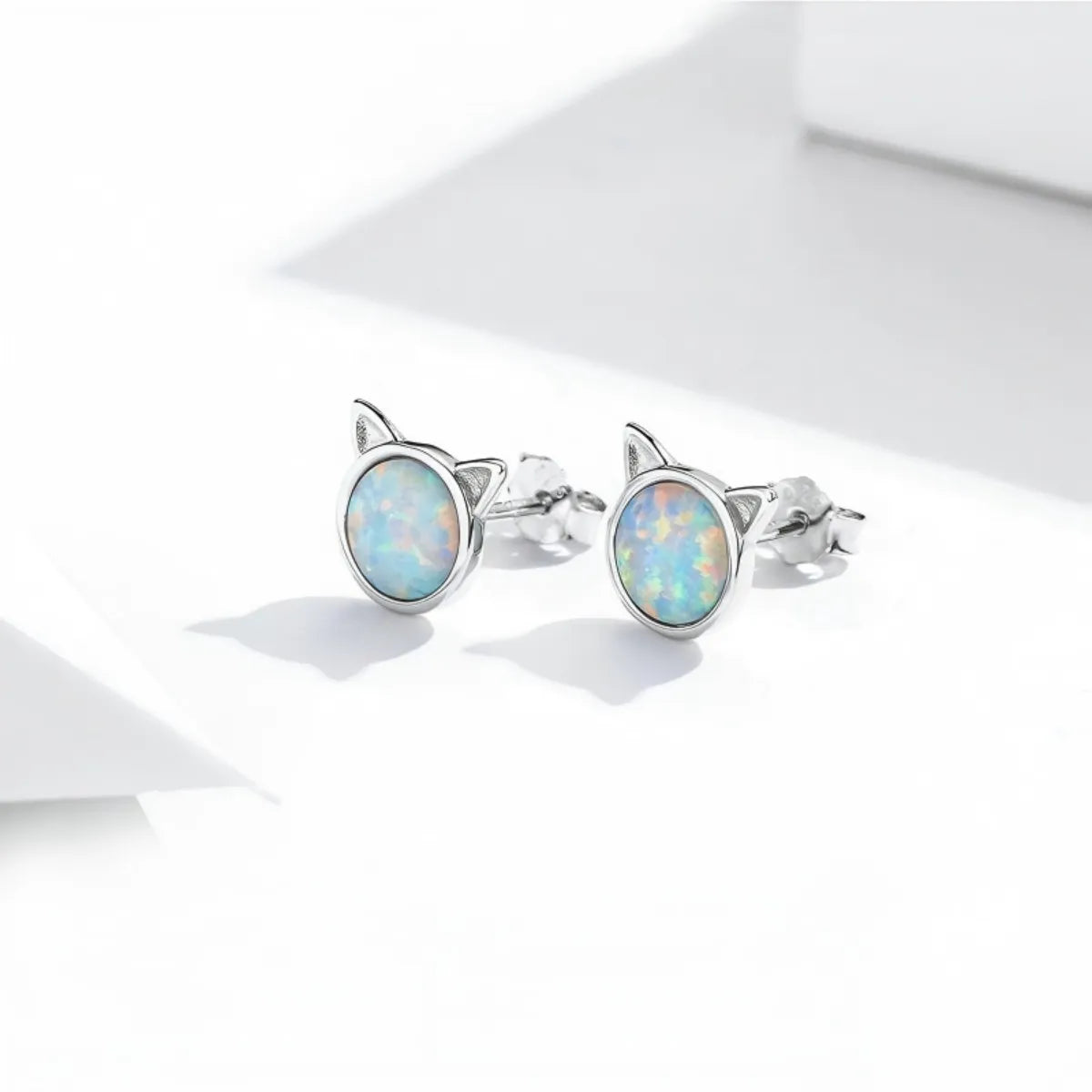 S925 Sterling Silver Cat Ear Opal Stud Earrings White Gold Plated