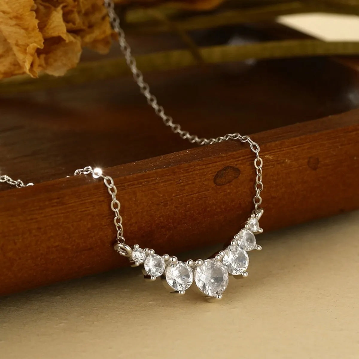 S925 Sterling Silver Curved Pavé CZ Necklace Adjustable Chain