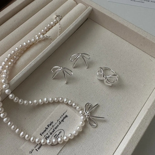 S925 Sterling Silver Bow Jewelry Set Necklace Ring Earrings Pearl
