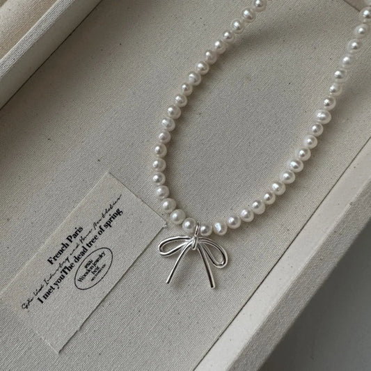 S925 Sterling Silver Bow Jewelry Set Necklace Ring Earrings Pearl