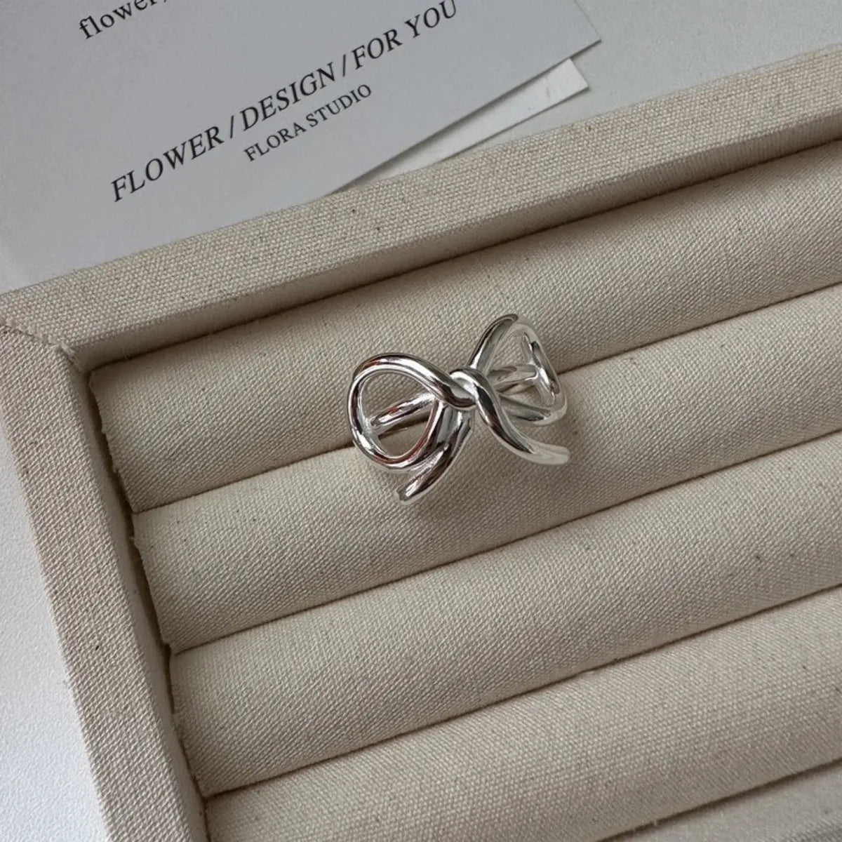 S925 Sterling Silver Bow Jewelry Set Necklace Ring Earrings Pearl