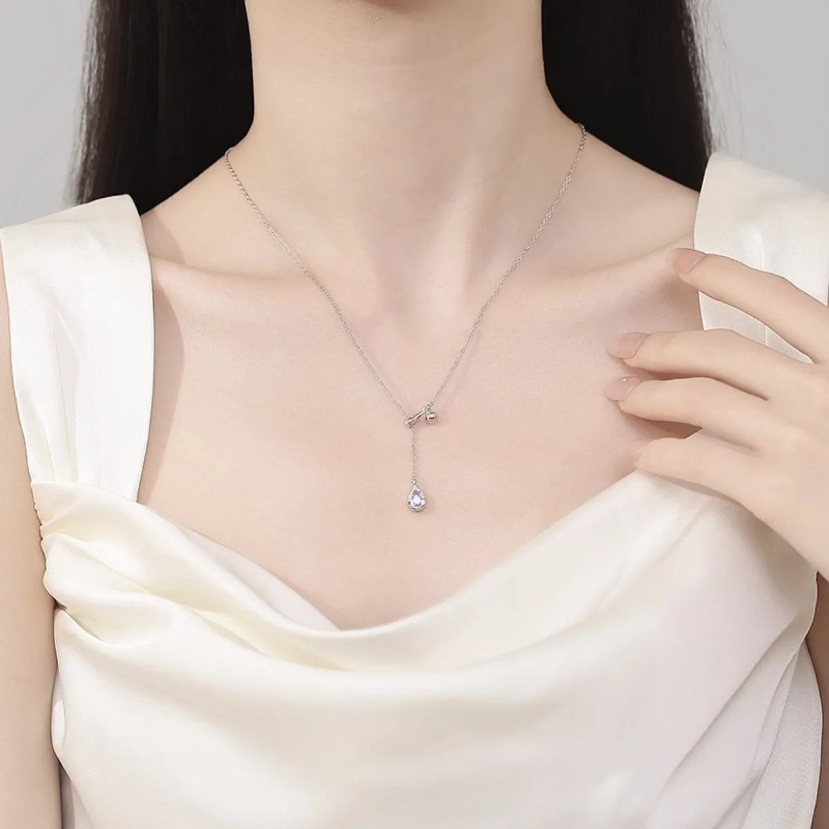 S925 Sterling Silver Teardrop Aquamarine Necklace Adjustable 38-45 cm