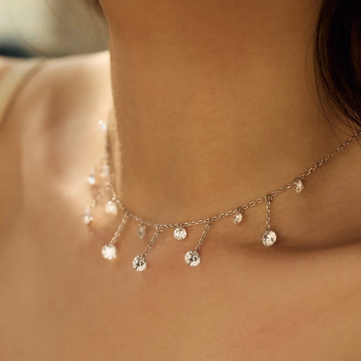 S925 Sterling Silver Tassel Necklace Crystal Pendant Adjustable Chain