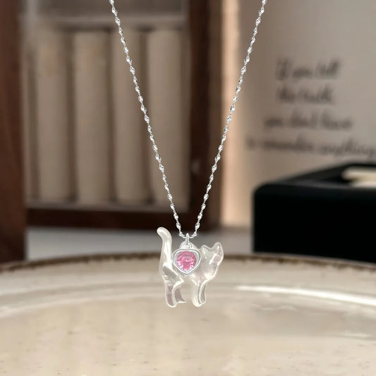 S925 Sterling Silver Cat Necklace Mother of Pearl Pink CZ Pendant