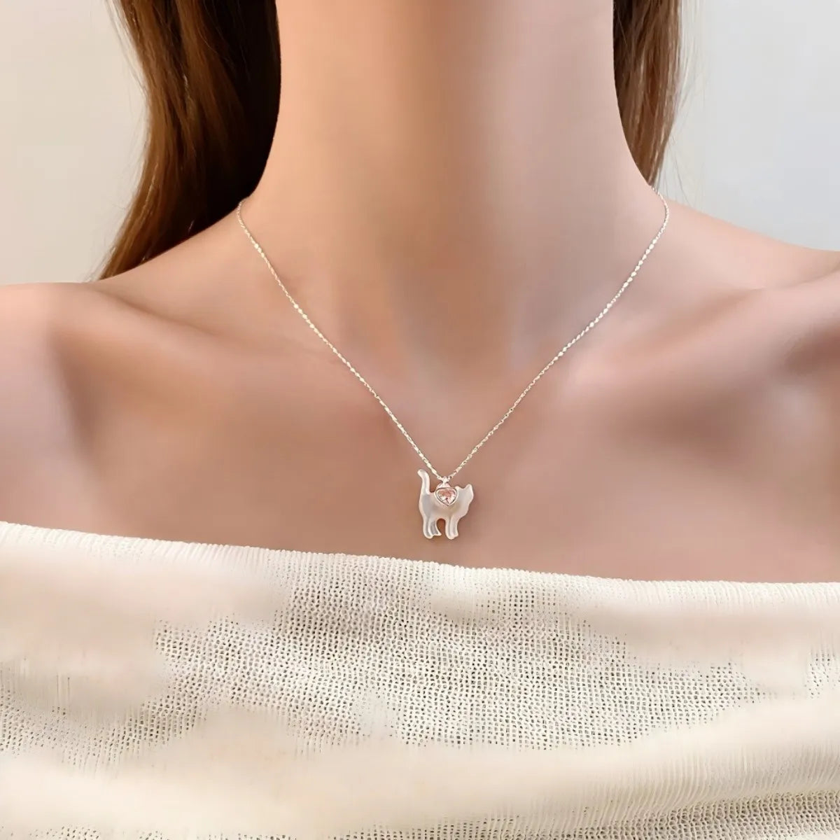 S925 Sterling Silver Cat Necklace Mother of Pearl Pink CZ Pendant