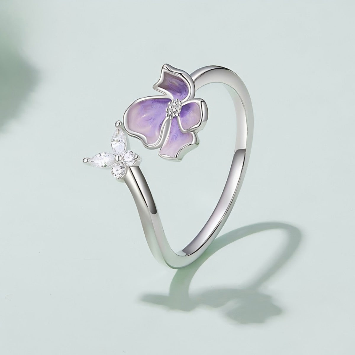 S925 Sterling Silver Butterfly Flower Ring Adjustable Open Band Purple