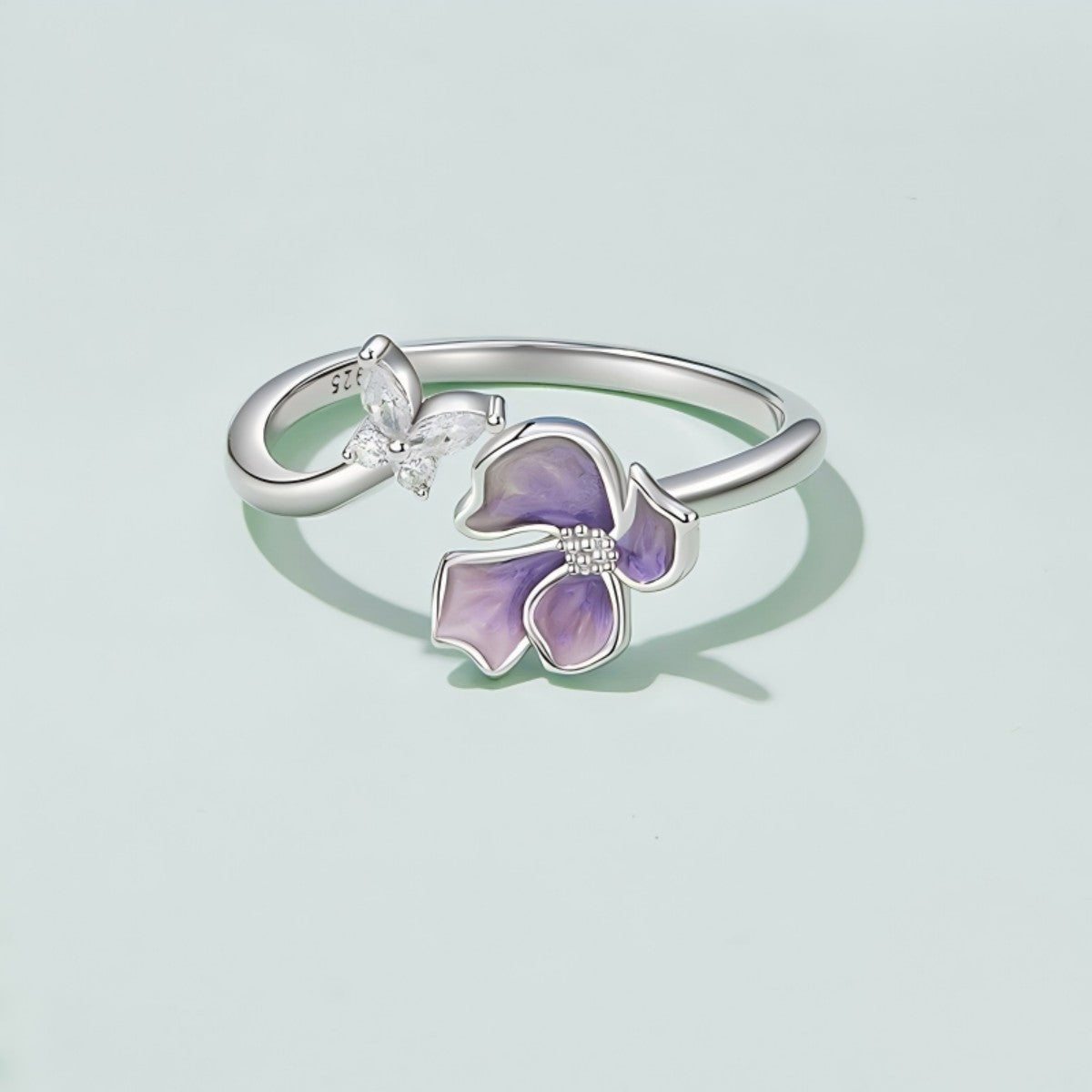 S925 Sterling Silver Butterfly Flower Ring Adjustable Open Band Purple