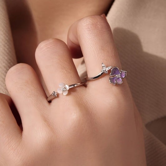 S925 Sterling Silver Butterfly Flower Ring Adjustable Open Band Purple