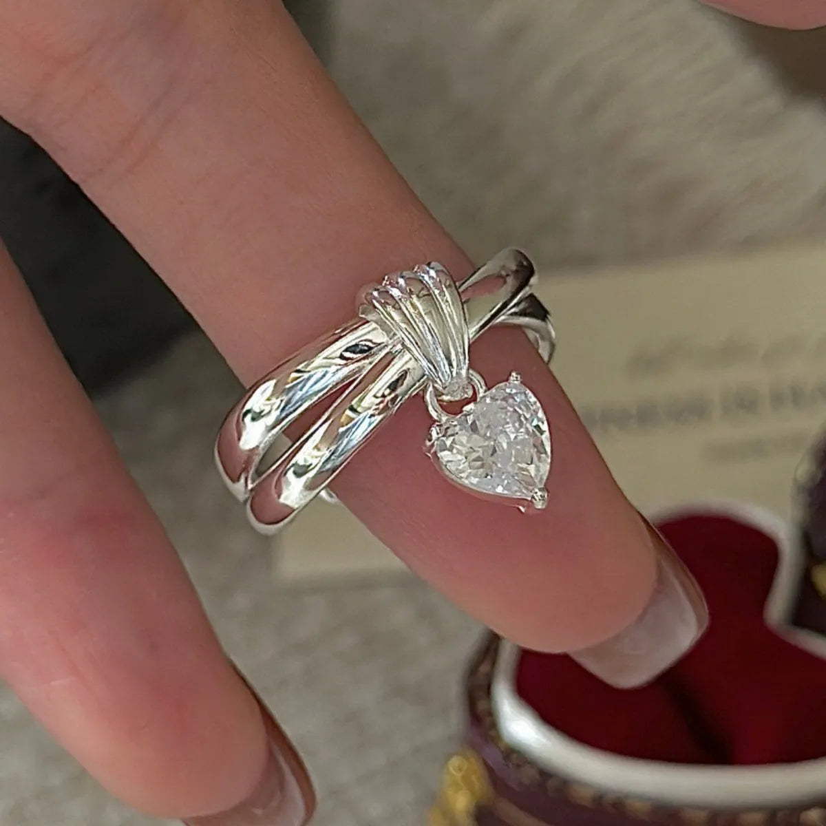 S925 Sterling Silver Heart Knot Ring Adjustable CZ Open Band