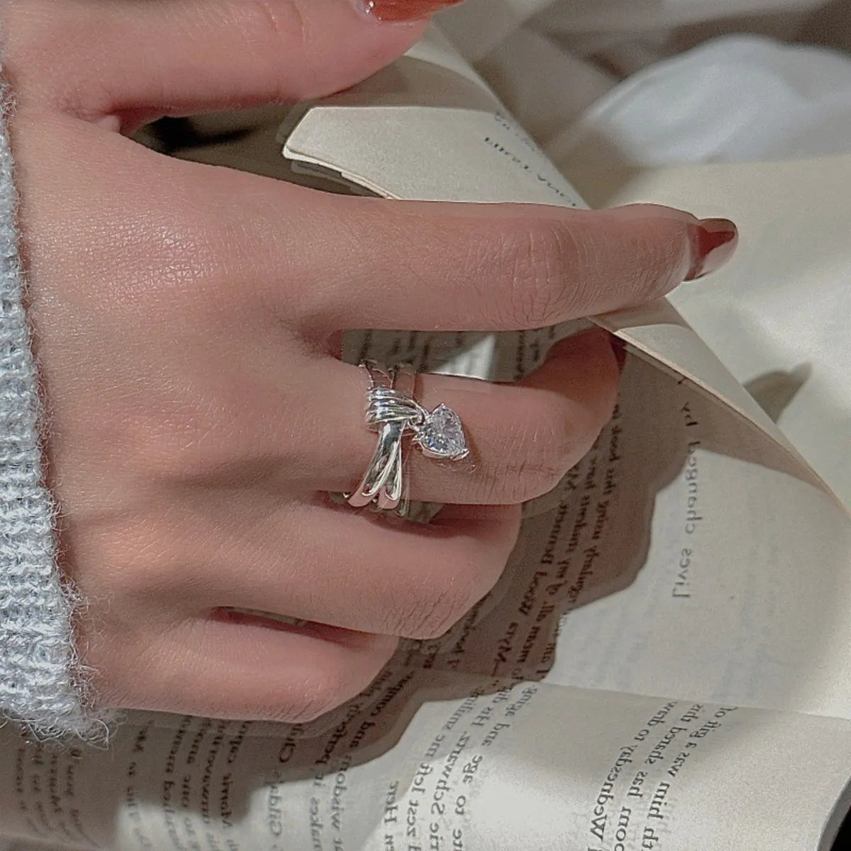 S925 Sterling Silver Heart Knot Ring Adjustable CZ Open Band