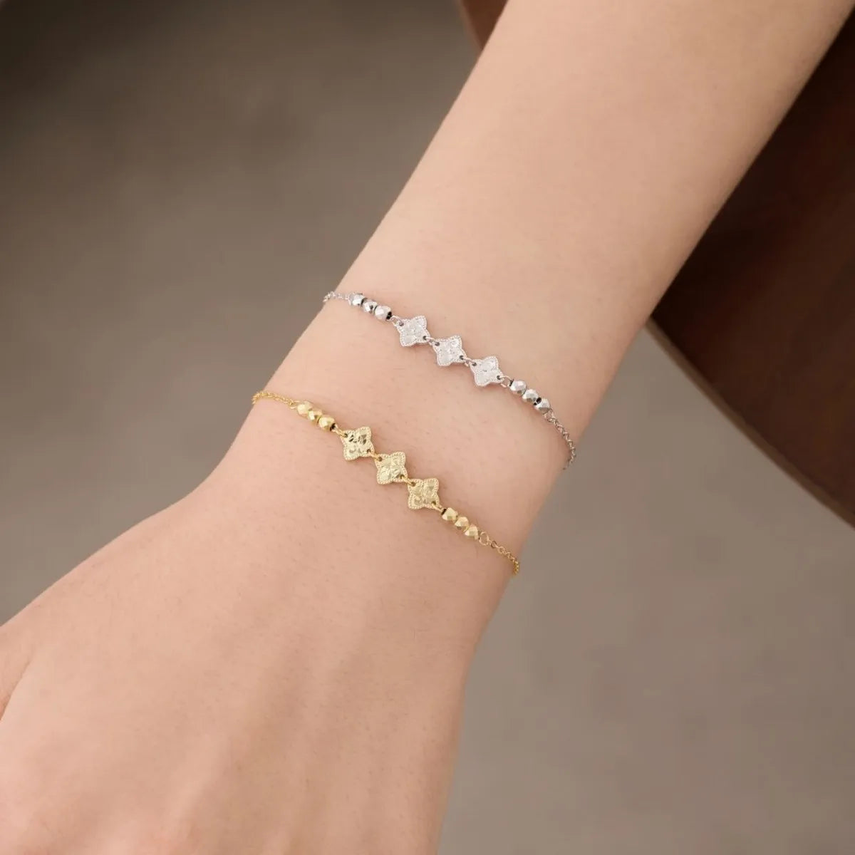 S925 Sterling Silver Four Leaf Clover Beaded Bracelet Adjustable