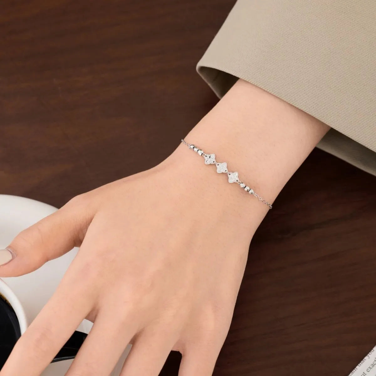 S925 Sterling Silver Four Leaf Clover Beaded Bracelet Adjustable