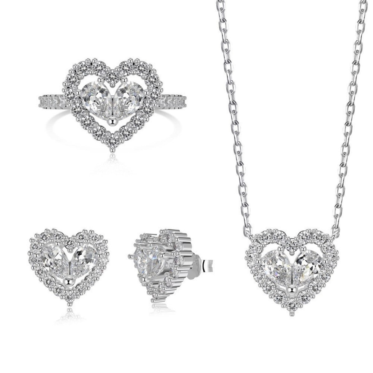 S925 Sterling Silver Twin Heart CZ Jewelry Set Necklace Ring Earrings