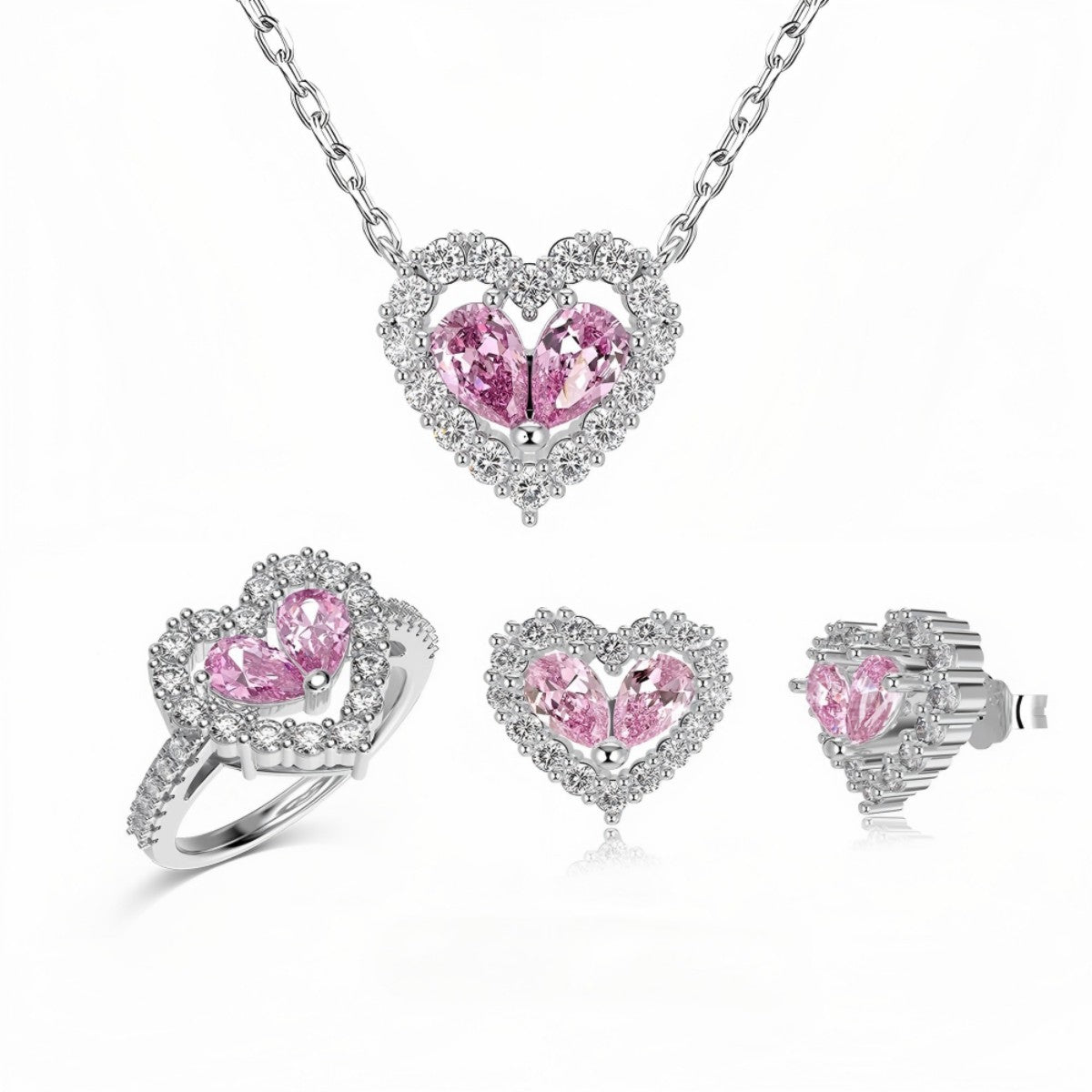 S925 Sterling Silver Twin Heart CZ Jewelry Set Necklace Ring Earrings