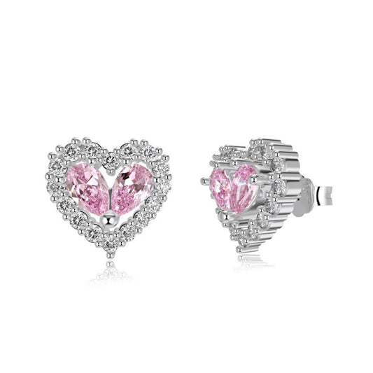 S925 Sterling Silver Twin Heart CZ Jewelry Set Necklace Ring Earrings