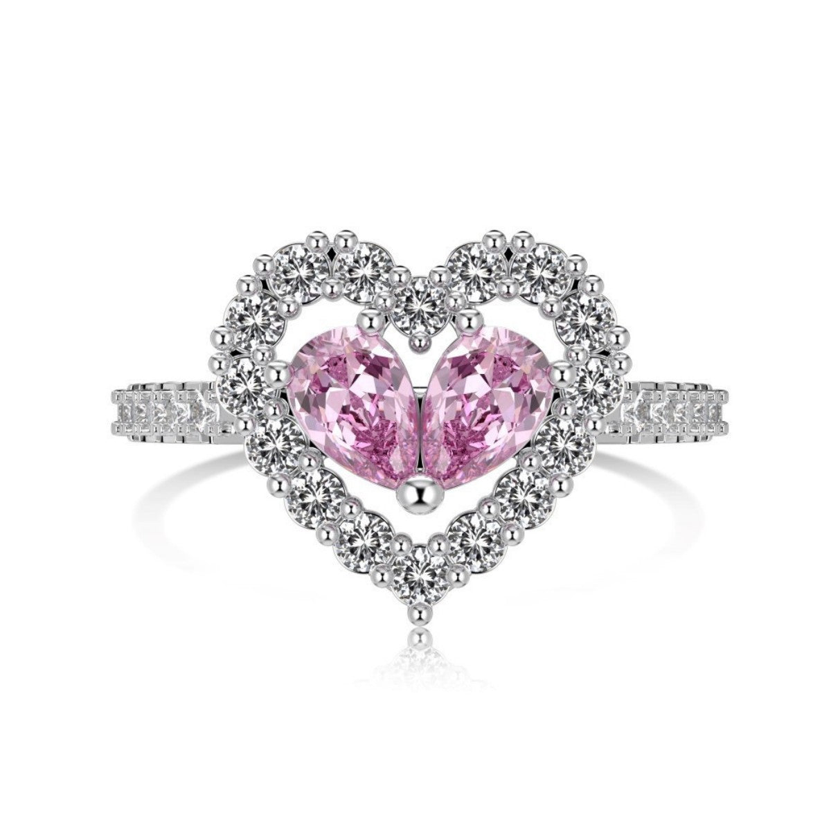 S925 Sterling Silver Twin Heart CZ Jewelry Set Necklace Ring Earrings