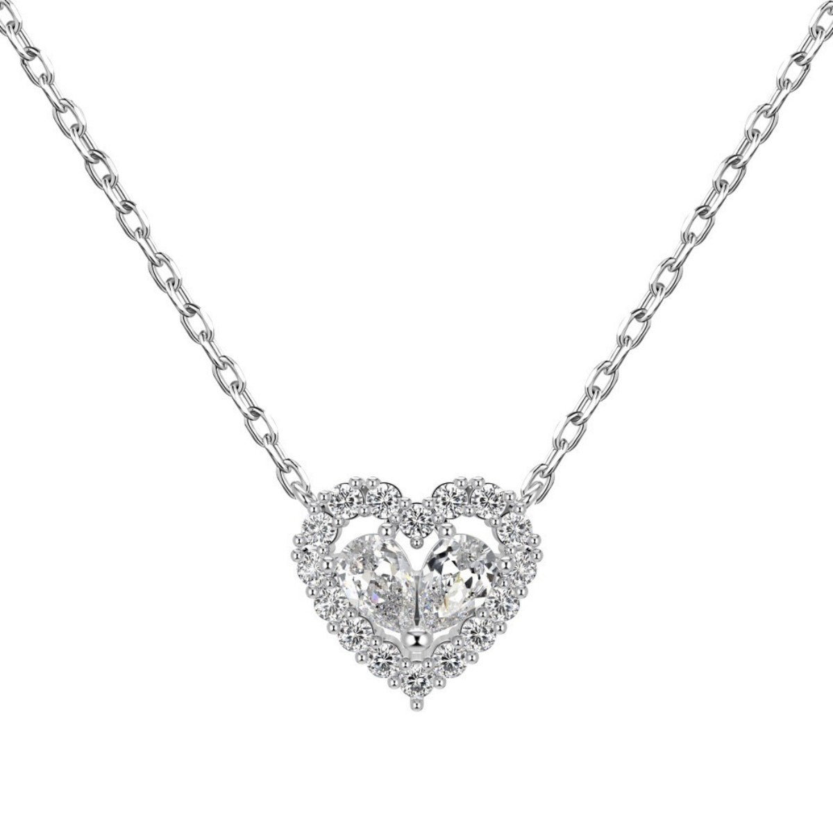 S925 Sterling Silver Twin Heart CZ Jewelry Set Necklace Ring Earrings