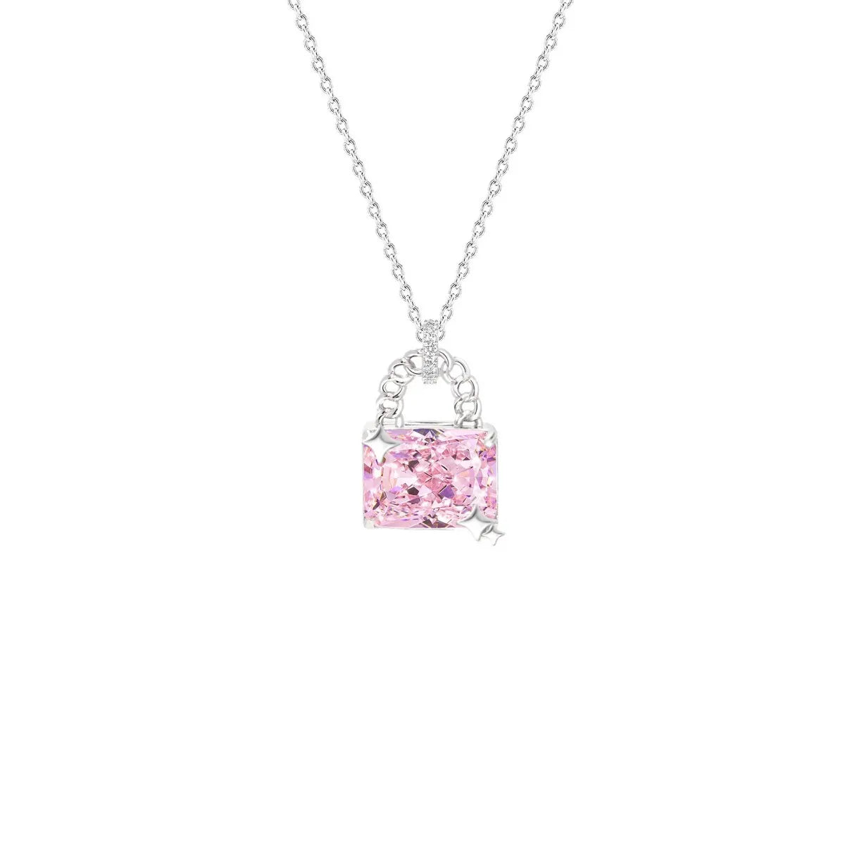 S925 Sterling Silver Pink Heart Key Necklace CZ Wing Pendant Adjustable