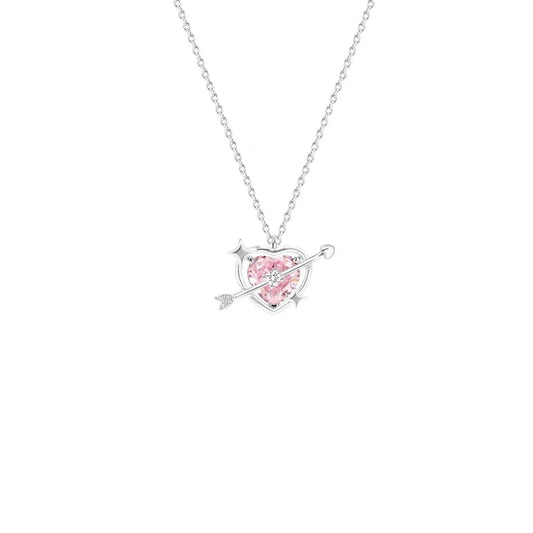 S925 Sterling Silver Pink Heart Key Necklace CZ Wing Pendant Adjustable