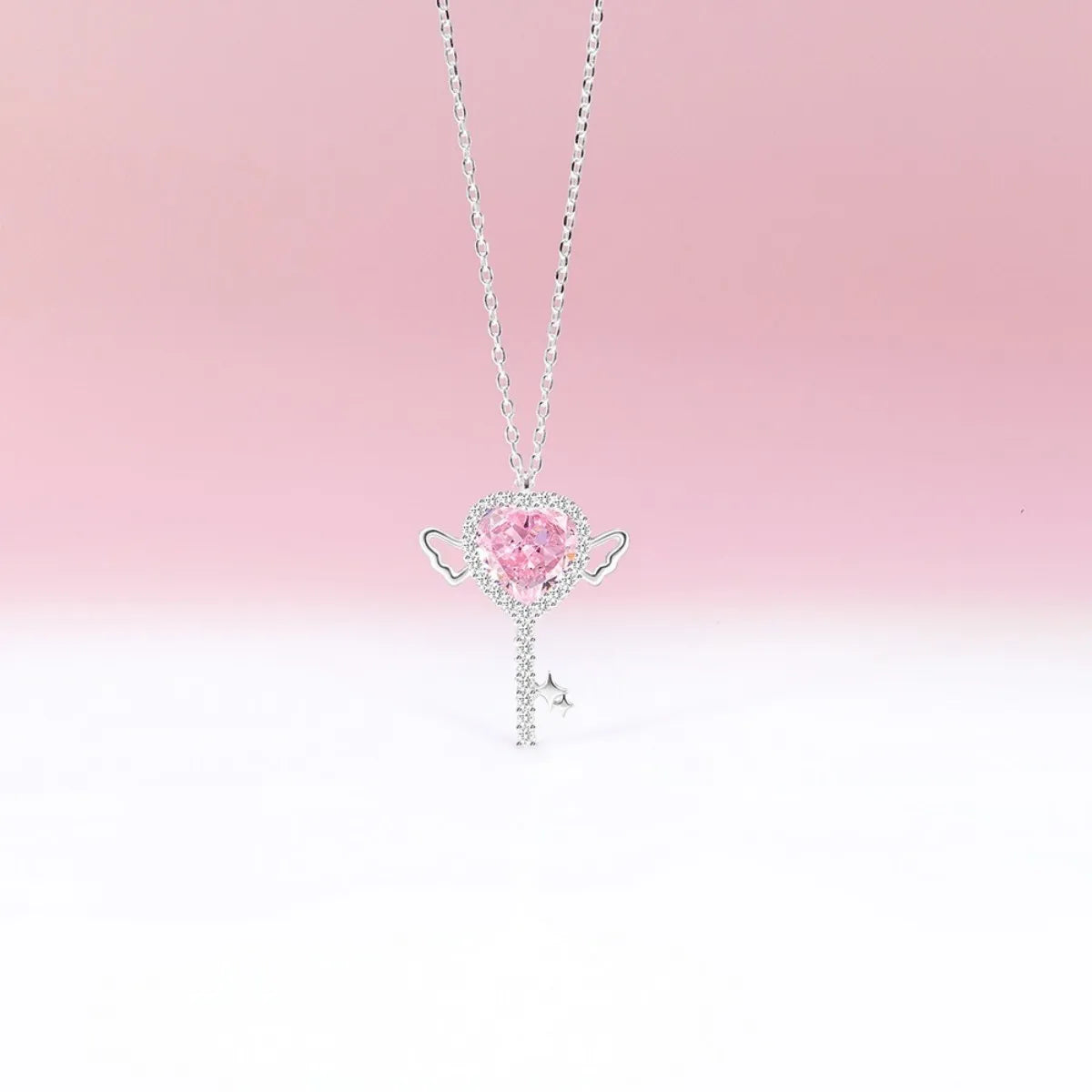 S925 Sterling Silver Pink Heart Key Necklace CZ Wing Pendant Adjustable