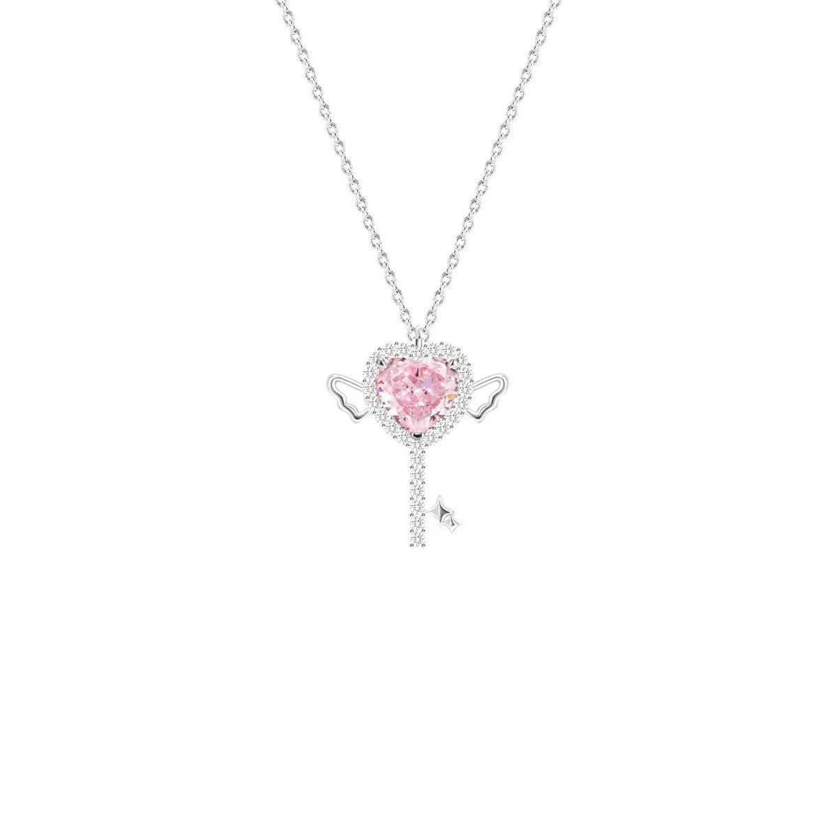 S925 Sterling Silver Pink Heart Key Necklace CZ Wing Pendant Adjustable