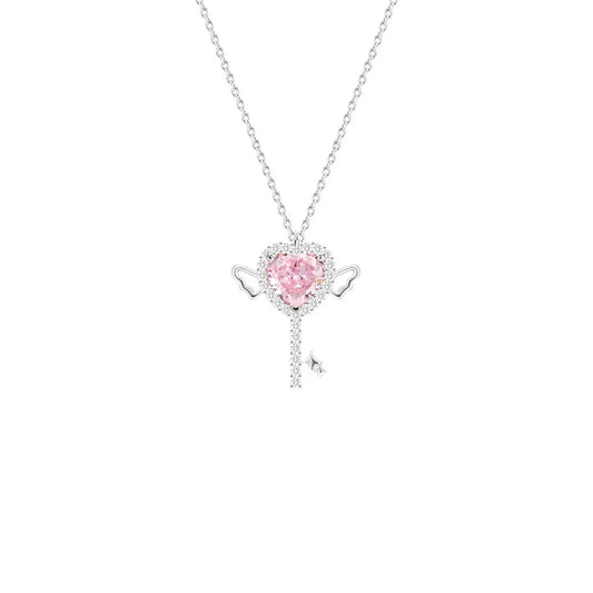 S925 Sterling Silver Pink Heart Key Necklace CZ Wing Pendant Adjustable