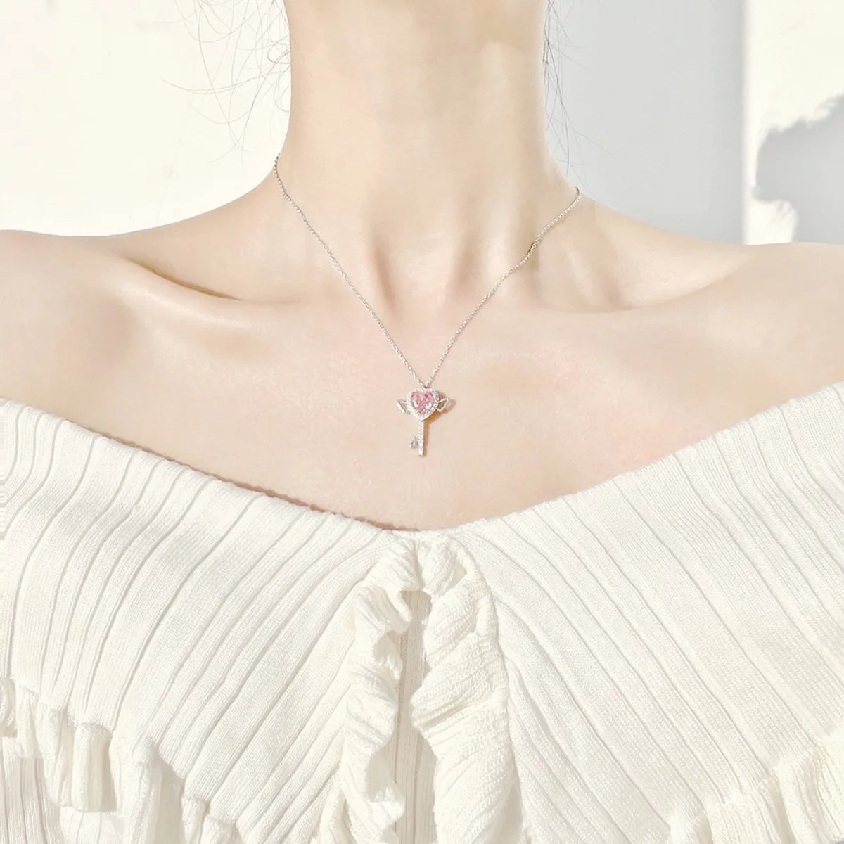 S925 Sterling Silver Pink Heart Key Necklace CZ Wing Pendant Adjustable
