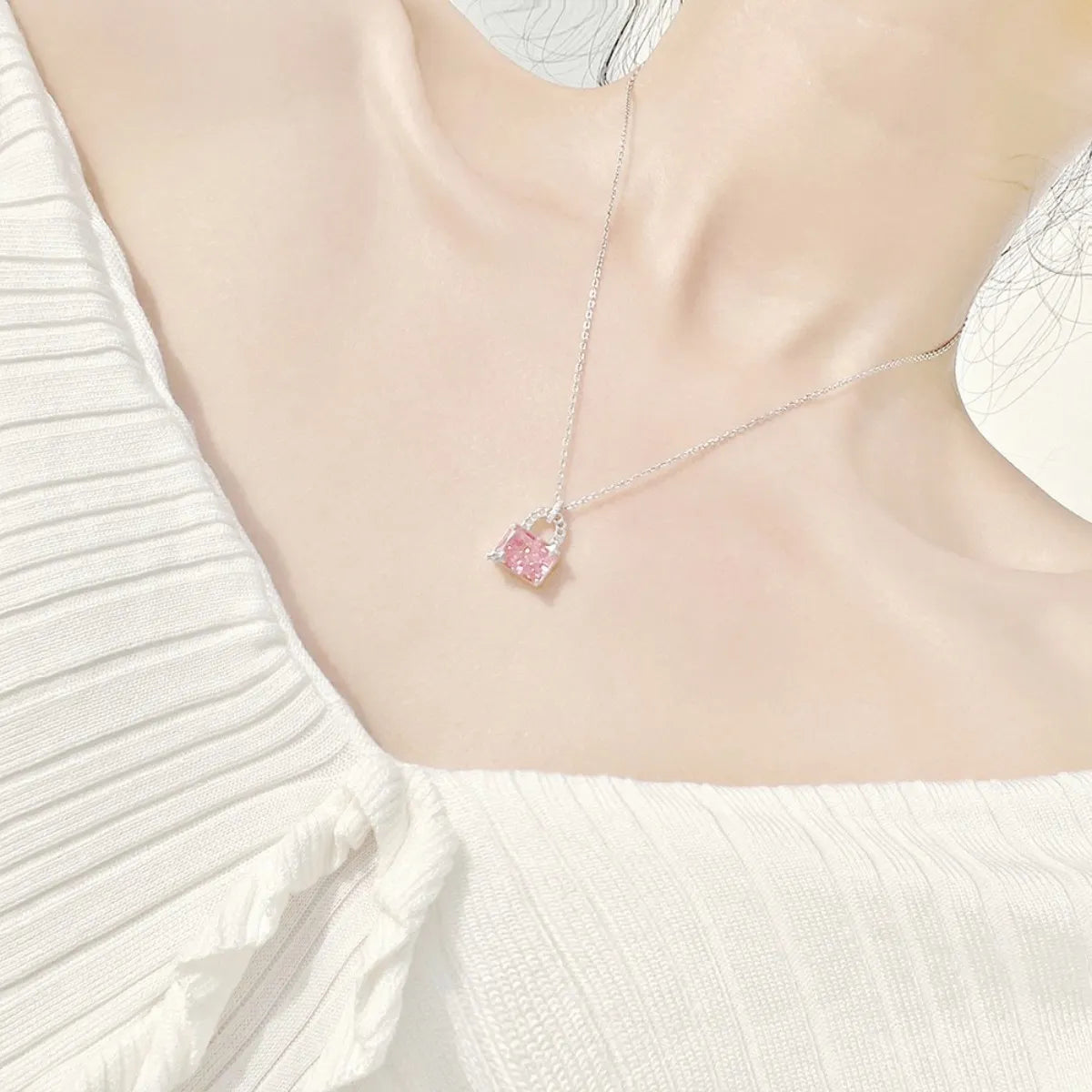 S925 Sterling Silver Pink Heart Key Necklace CZ Wing Pendant Adjustable