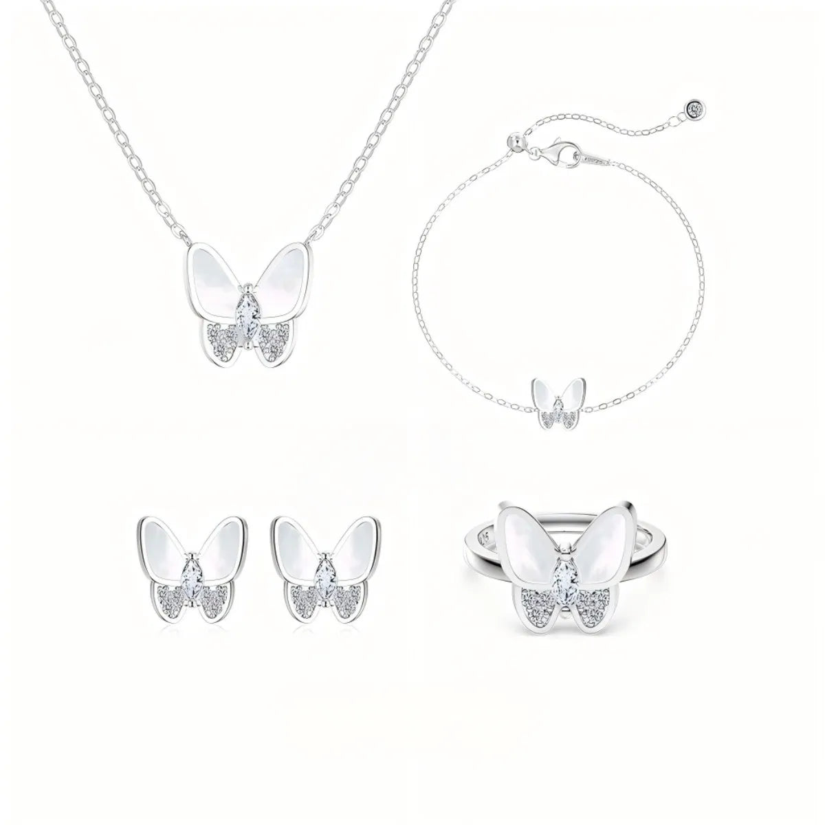 S925 Sterling Silver Butterfly Jewelry Set Mother of Pearl Necklace Bracelet Ring Earrings