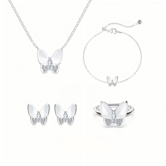 S925 Sterling Silver Butterfly Jewelry Set Mother of Pearl Necklace Bracelet Ring Earrings