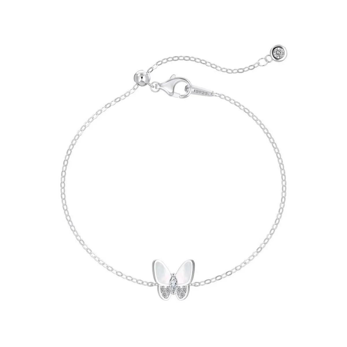 S925 Sterling Silver Butterfly Jewelry Set Mother of Pearl Necklace Bracelet Ring Earrings