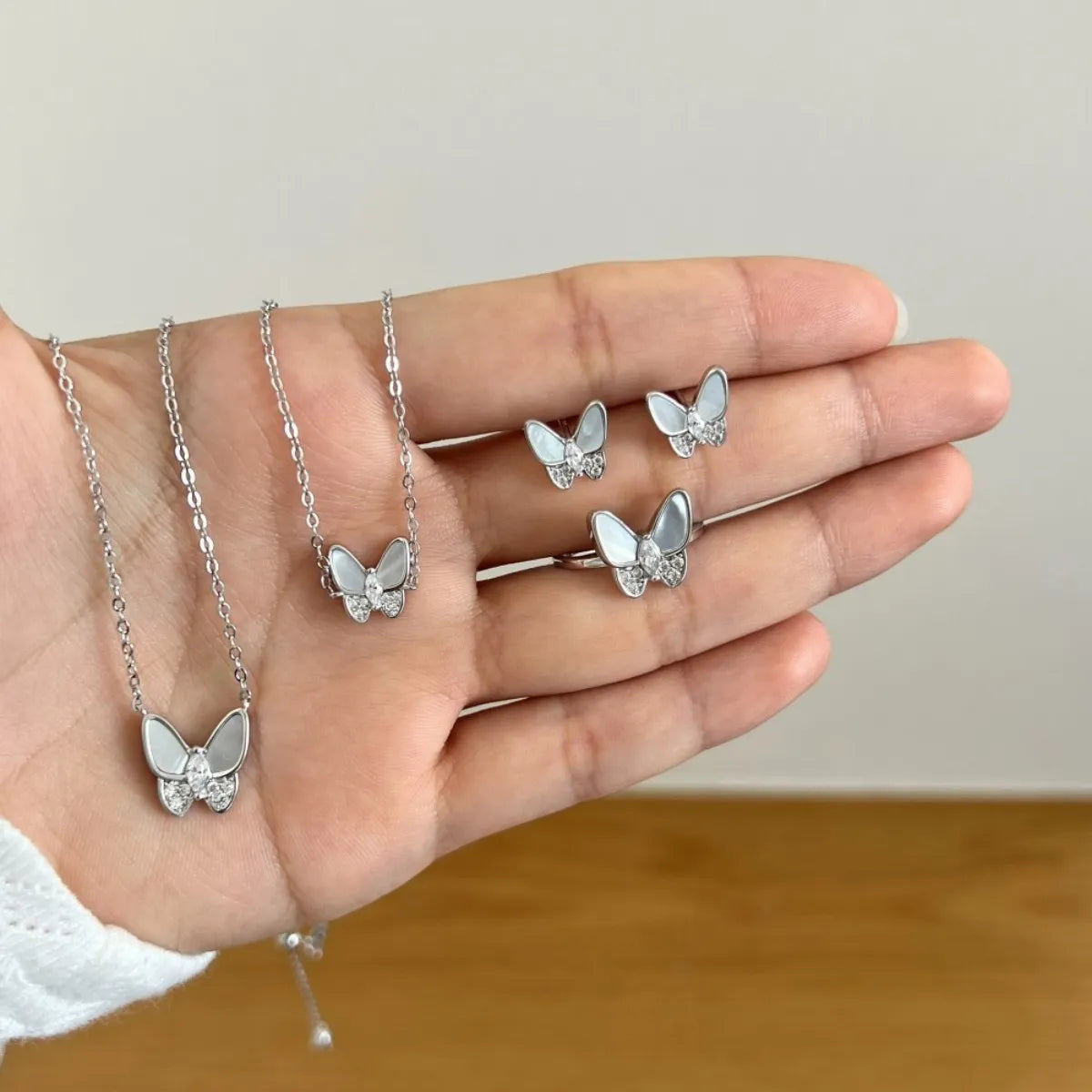 S925 Sterling Silver Butterfly Jewelry Set Mother of Pearl Necklace Bracelet Ring Earrings