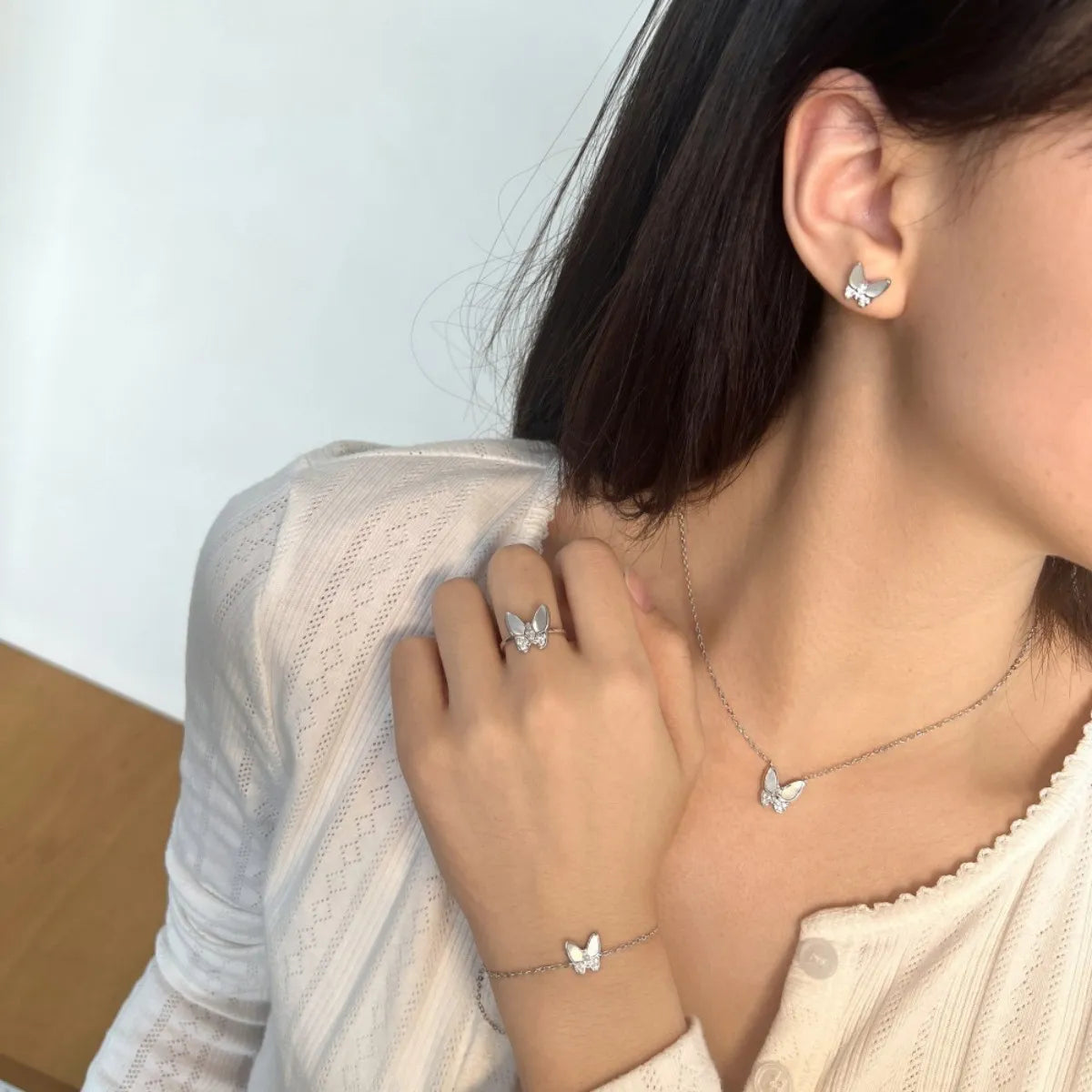 S925 Sterling Silver Butterfly Jewelry Set Mother of Pearl Necklace Bracelet Ring Earrings