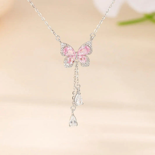 S925 Sterling Silver Pink Butterfly Tassel Necklace CZ Adjustable