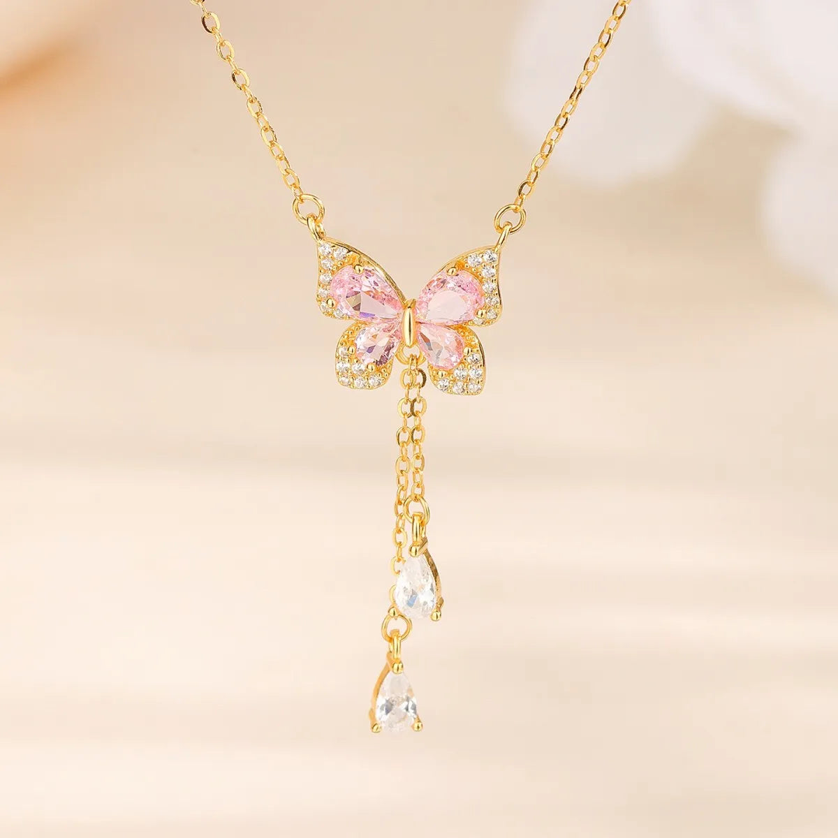 S925 Sterling Silver Pink Butterfly Tassel Necklace CZ Adjustable