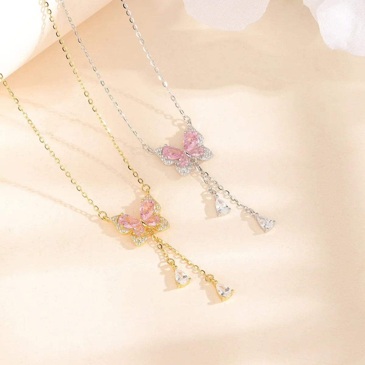 S925 Sterling Silver Pink Butterfly Tassel Necklace CZ Adjustable