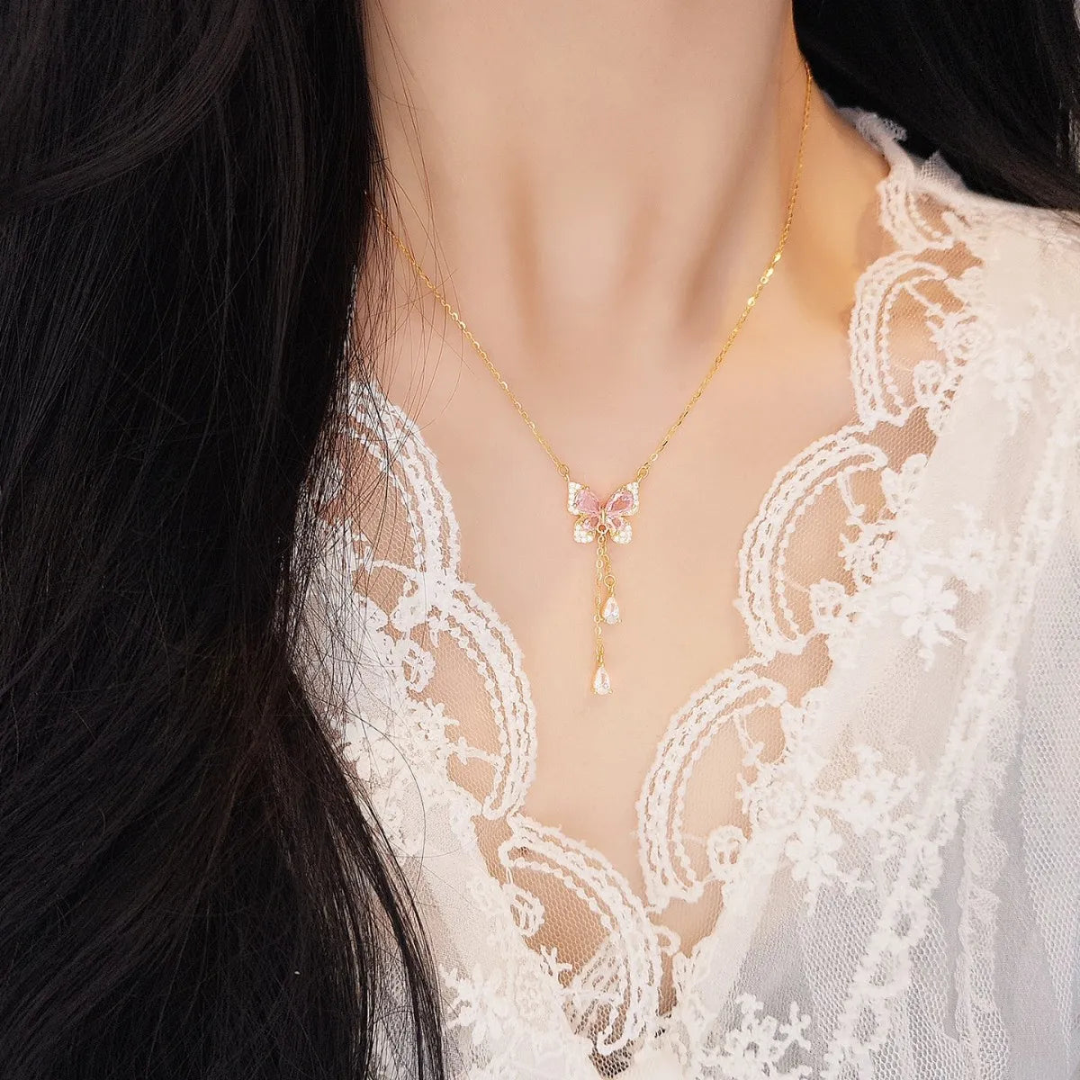 S925 Sterling Silver Pink Butterfly Tassel Necklace CZ Adjustable