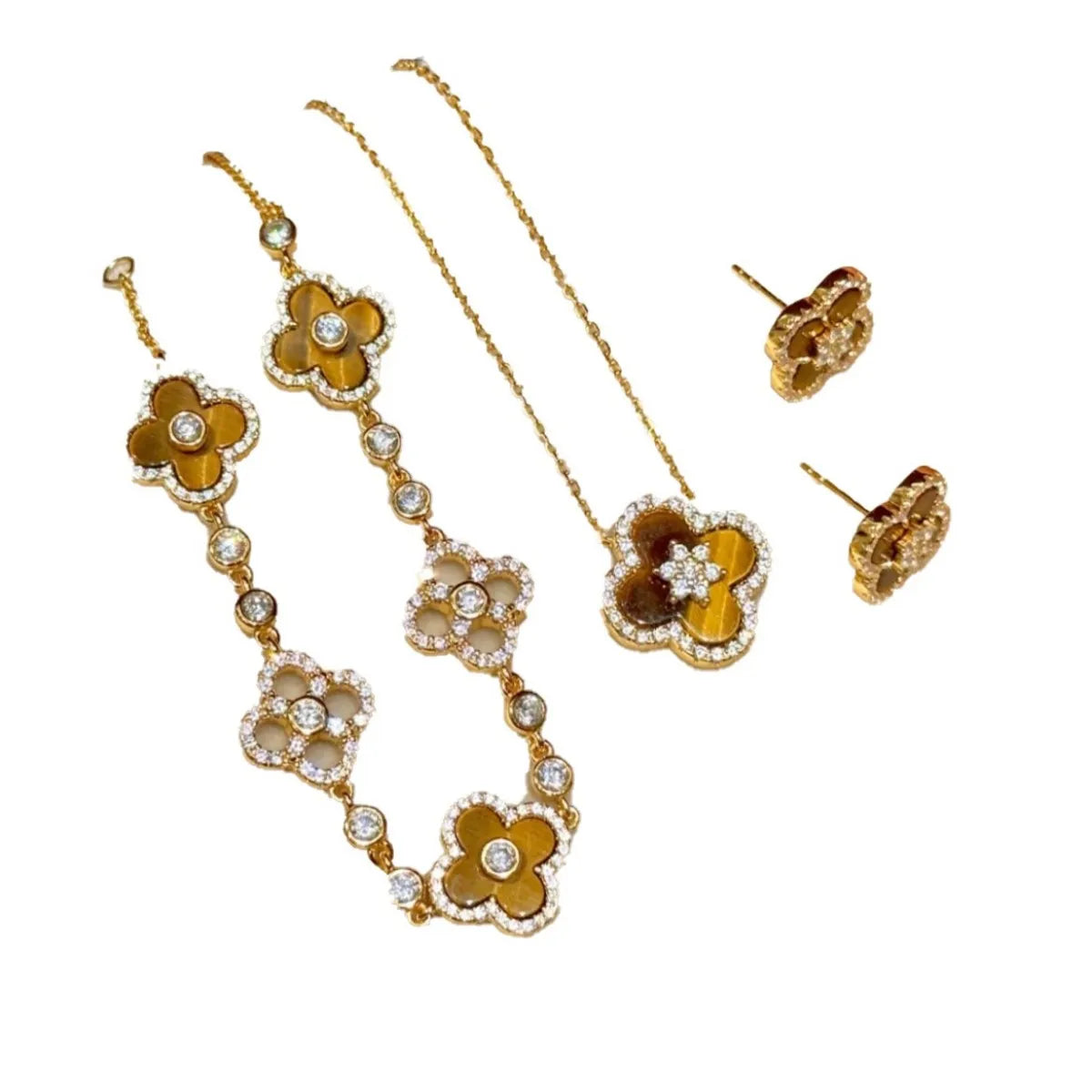 S925 Sterling Silver Tiger Eye Clover Jewelry Set Necklace Bracelet Earrings