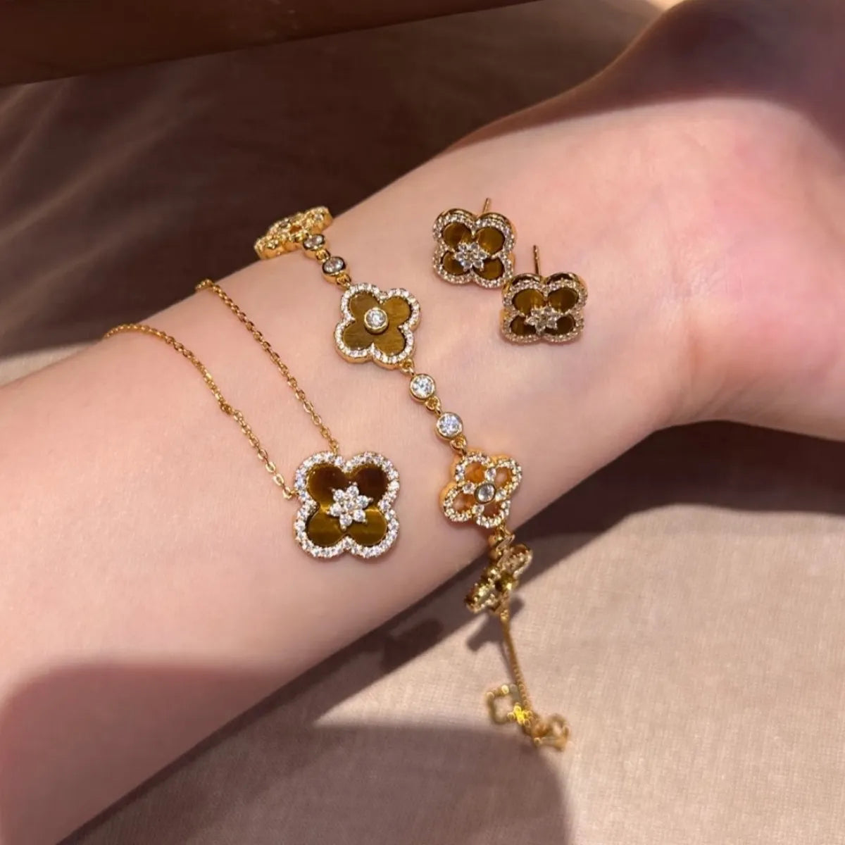 S925 Sterling Silver Tiger Eye Clover Jewelry Set Necklace Bracelet Earrings