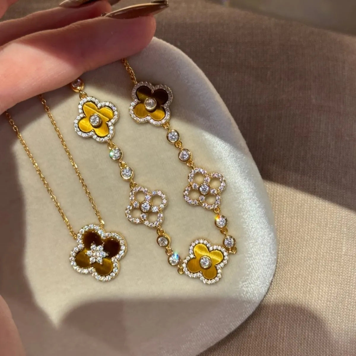 S925 Sterling Silver Tiger Eye Clover Jewelry Set Necklace Bracelet Earrings