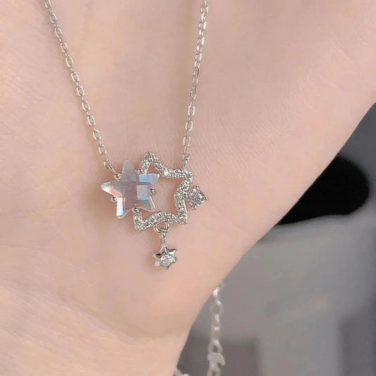 S925 Sterling Silver Star Moon Necklace CZ Pendant Adjustable 40-45 cm